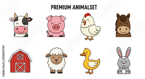 Cute farm animals and red barn collection