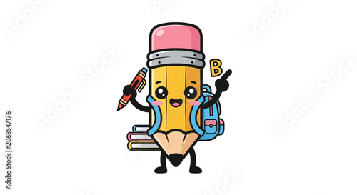 Happy cartoon pencil character with school backpack and books