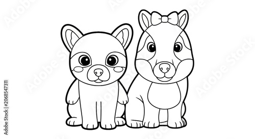 Cute animal pair coloring page with raccoon and puppy