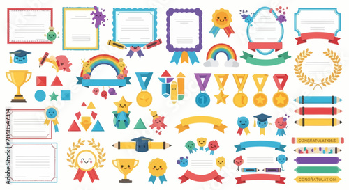 School award and certificate templates with gold medals and trophies