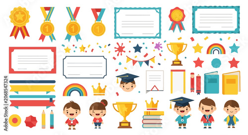 Graduation and award set with cute student characters