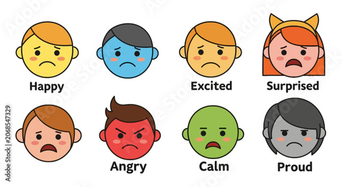 Colorful character faces expressing different human emotions