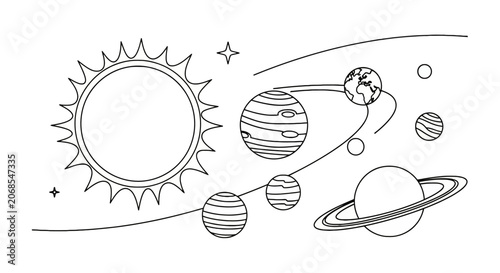 Solar system line art showing planets orbiting the sun