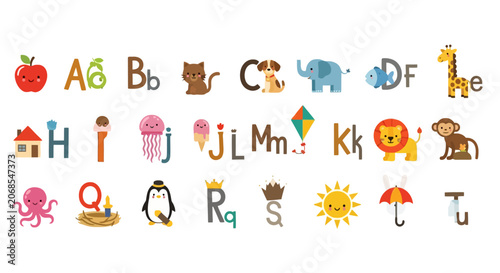Educational alphabet set with cute animals and objects