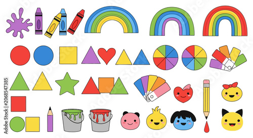 Colorful art supplies and basic geometric shapes collection