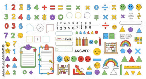 Mathematical symbols and school stationery icons set
