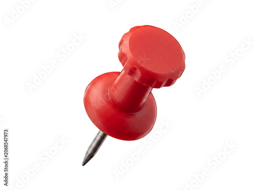 Foto Top-down angled view of a sturdy red plastic thumbtack with a textured head and sharp metal point on a transparent