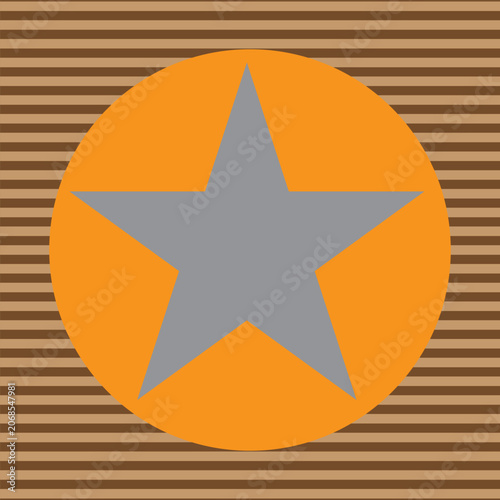 Retro Orange Circle With Gray Star Badge Emblem On Brown Striped Background Design
