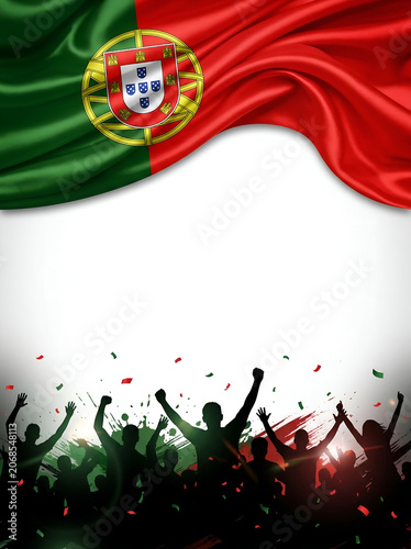 Waving flag of Portugal over silhouettes of a cheering crowd with raised hands and falling confetti. Vertical layout with central white copy space for national sports celebration.