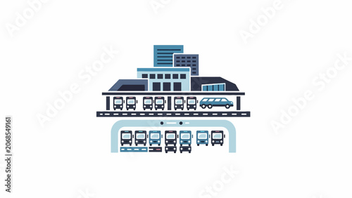 A flat vector illustration of a modern urban bus terminal and city transport hub