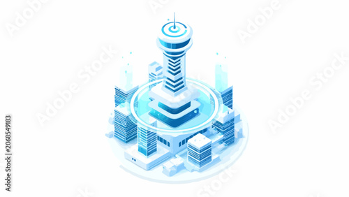 A futuristic communication tower stands in the center of a digital city landscape