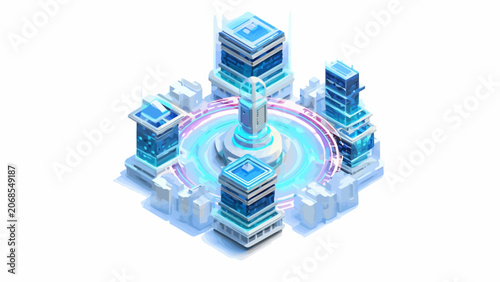 A futuristic city complex with glowing blue structures and a central energy core