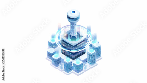 A futuristic data center complex with glowing blue energy rings and server towers