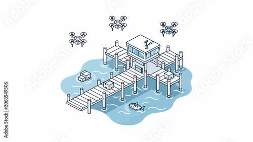 An isometric illustration of a small dock with flying delivery drones