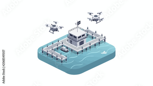 An isometric illustration of drones flying over a small harbor station