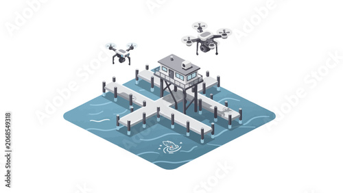 Two aerial drones flying over a wooden pier structure on the water surface