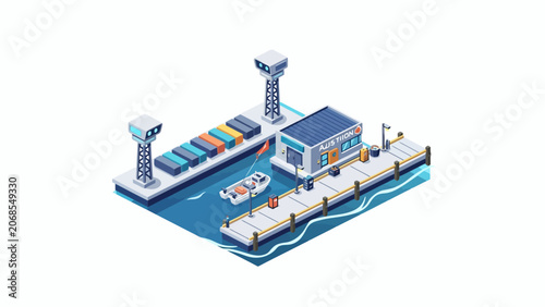 An isometric illustration of a small industrial shipping port with cargo containers