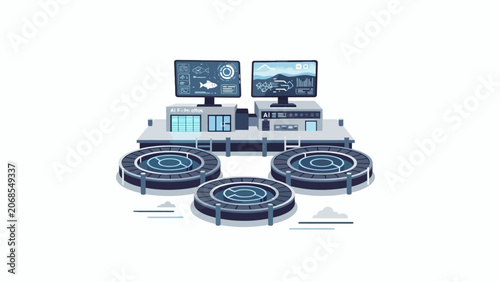 A digital illustration of an automated fish farming facility with monitoring screens