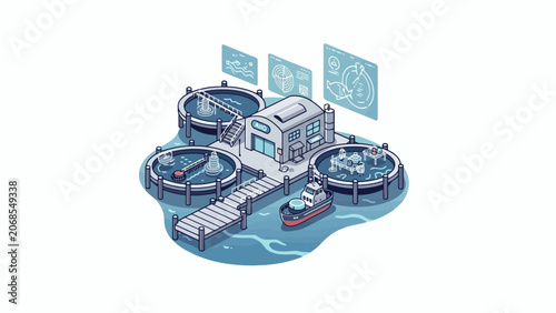 An isometric illustration of a modern fish farming facility on the water