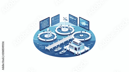 An isometric illustration of a modern automated fish farm facility on the water
