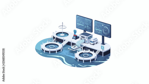 An isometric illustration of a modern automated fish farming facility on the water