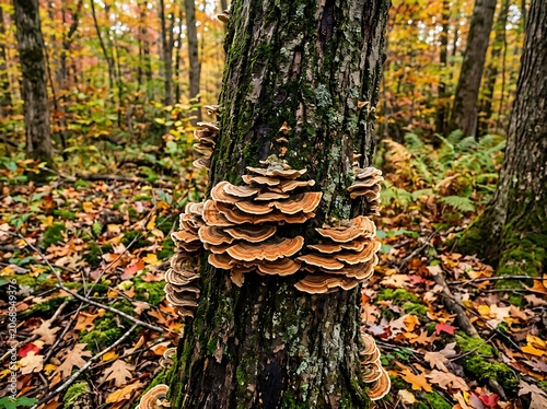 Autumn forest floor covered with fallen orange mushrooms.