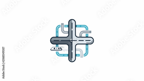 A minimalist vector illustration of a stylized transportation network intersection