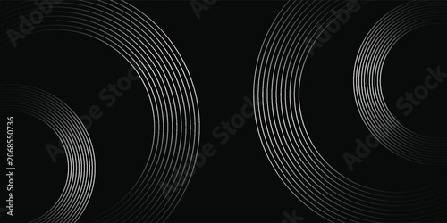 Abstract Minimal Black Background With Silver Concentric Rings And Modern Geometric Curves