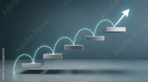 A glowing upward-pointing arrow bouncing across a series of floating metallic steps, illustrating continuous business growth, financial success, and upward career momentum.
