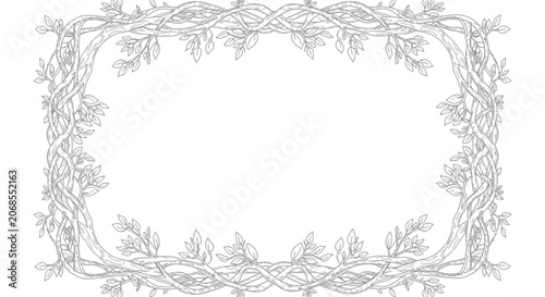 Ornate Twig and Leaf Border Frame, Black and White Hand-Drawn Style