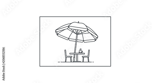 Outdoor Cafe Table with Umbrella, Chairs, and Coffee Cup - Minimalist Line Art