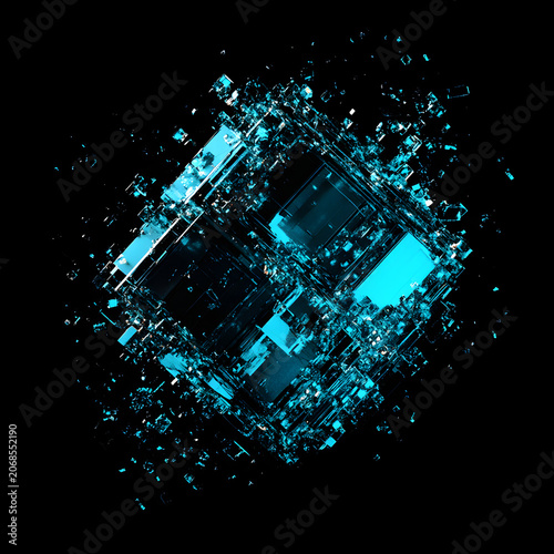 Fragmented Glitch Cube Geometric Shape Shattered into Cyan Blue Particles on Black Background
