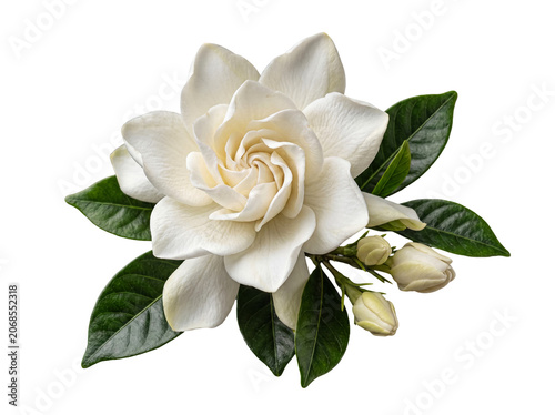 Slika na platnu Pristine white gardenia flower with fresh green leaves and nascent buds, perfectly isolated on a transparent background