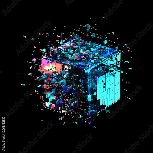 Fragmented Glitch Cube Geometric Shape Shattered - Side Profile shattered 20%