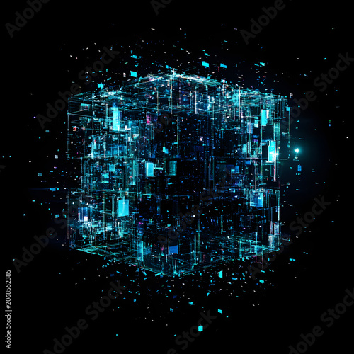 Fragmented Glitch Cube Geometric Shape Shattered - Front Profile shattered 90%