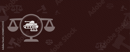 Graphic illustration featuring a tank icon with a warning sign and scales of justice, representing legal conflict and military regulations. This design offers ample copy space for text.
