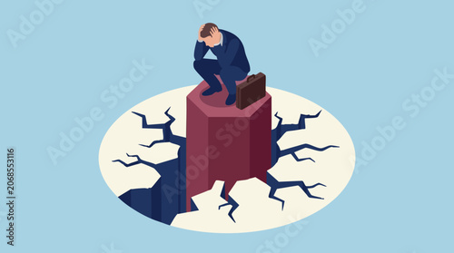 Konstfotografi Distressed businessman in crisis on crumbling ground, conceptual illustration