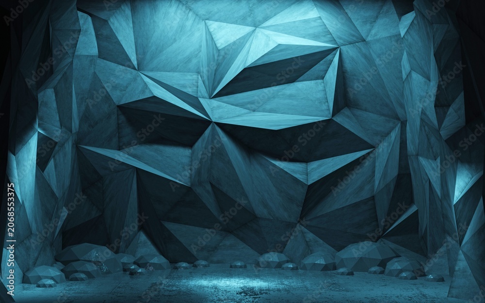 Fototapeta premium 3d illustration. Ice cave tunnel. Polygonal blue background.