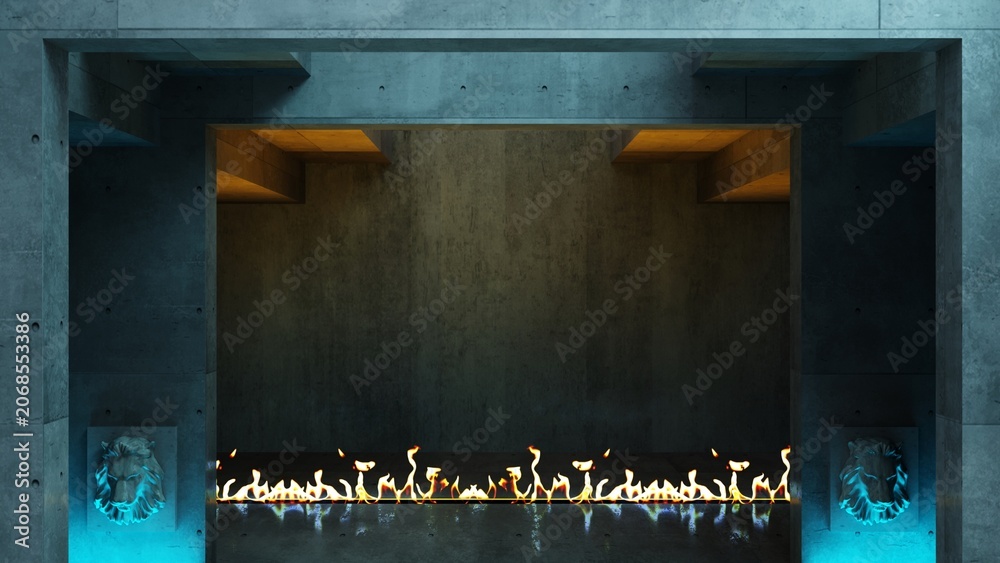 Fototapeta premium Futuristic hall concrete and fire