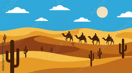 Konstfotografi Camel caravan traversing desert dunes under a clear blue sky, flat illustration