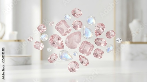 Pink diamonds and crystals floating in a luxurious white room
