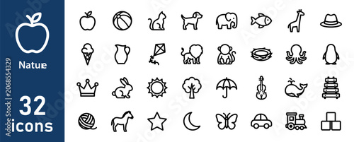 Photography Nature and Childhood Line Icons Set for Animals, Plants, and Outdoor Objects