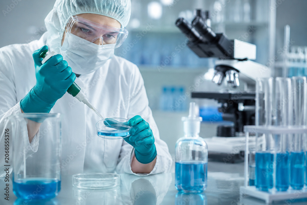 Fototapeta premium AI generated biomedical laboratory sample analysis featuring scientist pipetting samples sterile testing clinical research biotechnology scientific innovation