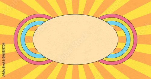 Retro Sunburst Background with Rainbow Oval Frame and Vintage Pop Art Design