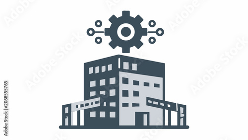 A flat vector icon showing a corporate building with a mechanical gear symbol above it