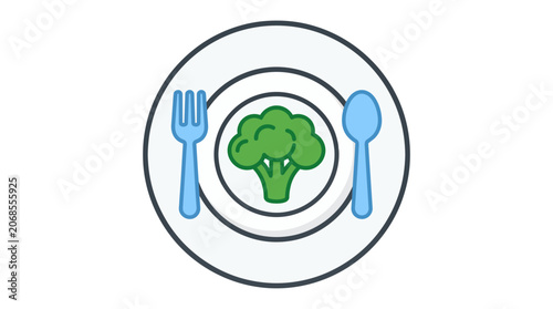 Simple color icon of a plate with fork, spoon, and a fresh green broccoli.