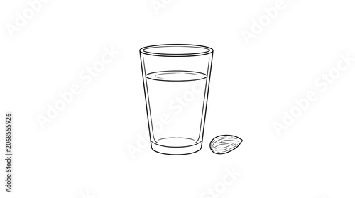 Simple glass of water next to single almond nut line drawing.