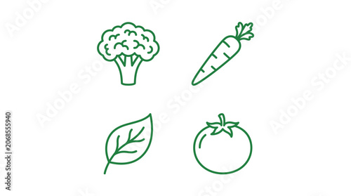 Simple green line art icons of broccoli carrot leaf and tomato.