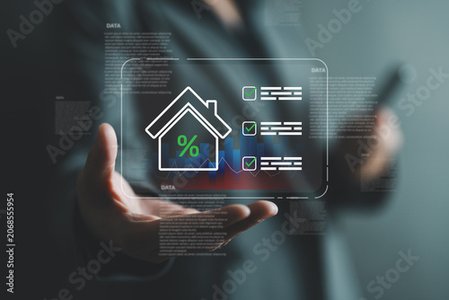 Mortgage approval and home loan application concept with digital checklist, interest rate analysis, property financing, lending assessment, housing investment, and real estate financing solutions.