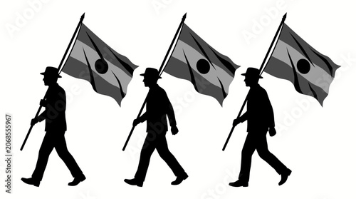 Silhouettes of soldiers marching with national flags for Indian Independence Day parade.